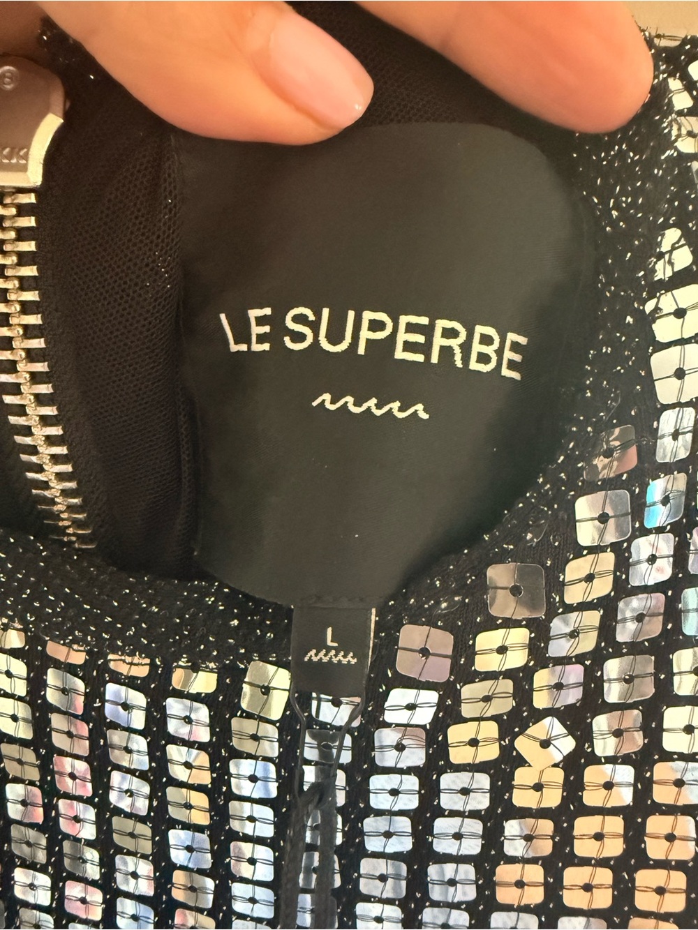 Le Superbe Silver Sequin Mirror Disc Long Sleeve Mini Dress - LG NWT MSRP $445 - Picture 4 of 5